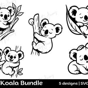 Könnte beinhalten: Schwarz-weiße Koala-Bundle-Grafik mit fünf verschiedenen Designs. Die Designs zeigen Koalas auf Ästen, die Bäume umarmen und in Blättern liegen. Der Text "Koala Bundle" befindet sich unten.