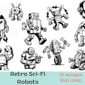 Op de afbeelding: Zwart-wit illustraties van retro sciencefictionrobots in verschillende ontwerpen. De robots hebben verschillende vormen, waaronder een raket, een robot met een moersleutel en een robot met een enkel oog. De tekst "Retro Sci-Fi Robots" staat onderaan.