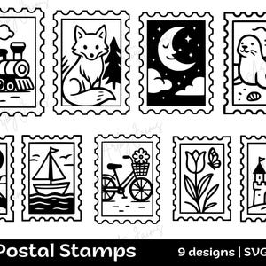 Paquete SVG de sellos postales: 9 lindos diseños de viajes y naturaleza | Clipart de franqueo vintage para Cricut, scrapbooking y tarjetas