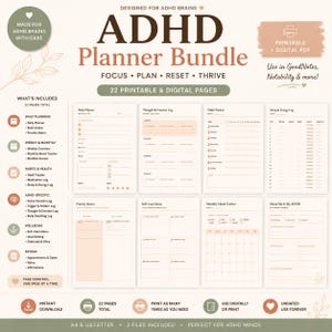 Op de afbeelding: ADHD Planner Bundle met 22 afdrukbare en digitale pagina's. Bevat dagelijkse, wekelijkse en maandelijkse planning, gewoonte-tracking en zelfzorgmenu's. Met de tekst "Ontworpen voor ADHD-hersenen" en "Neem de controle, één pagina per keer."