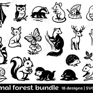 May include: Black and white animal forest bundle with 18 designs. Includes illustrations of a bat, owl, badger, mouse, ladybug, squirrel, fox, butterfly, deer, woodpecker, raccoon, snail, hedgehog, and mole.
