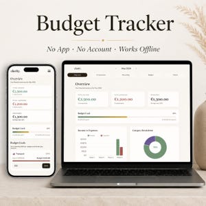 May include: A laptop and smartphone displaying a budget tracker interface. The screen shows financial data, including income, expenses, and budget goals. The text "Budget Tracker" is at the top, with "No App - No Account - Works Offline" below.