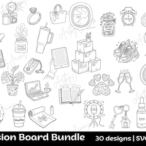 Op de afbeelding: Zwart-wit illustraties van diverse objecten, waaronder een camera, ring, handtas, vliegtuigraam, pot met het opschrift "DREAM FUND", sneakers, wekker en een schilderspalet. De tekst "Vision Board Bundle" staat onderaan.