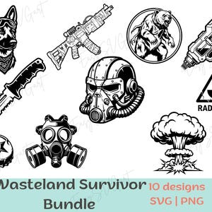 Op de afbeelding: Zwart-wit illustraties van een Duitse herder, geweer, beer, futuristisch apparaat, mes, gasmasker, flesdop, stralingssymbool en paddenstoelwolk. Tekst: "Wasteland Survivor Bundle".