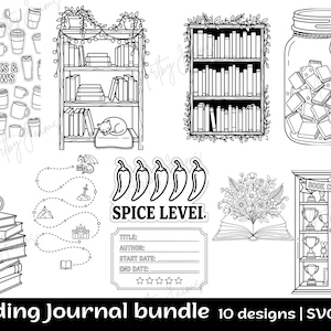 Puede incluir: Ilustraciones en blanco y negro con temática de lectura. Incluye montones de libros, estanterías, tazas de café, un gato, un tarro con la etiqueta "Book Candy", chiles con "Spice Level" y una plantilla de diario de lectura.