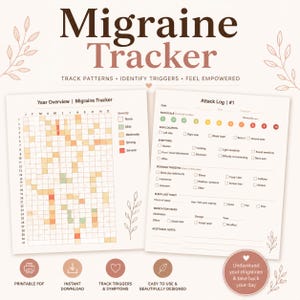 Op de afbeelding: Een afdrukbare migraine tracker met een jaaroverzicht en een aanvalslogboek. Het ontwerp bevat een kleurgecodeerde ernstschaal en secties om triggers en symptomen te identificeren. De tekst luidt "Migraine Tracker" en "Track Patterns, Identify Triggers, Feel Empowered."