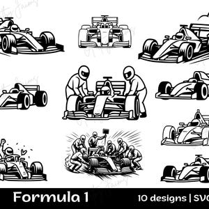 Könnte beinhalten: Schwarz-Weiß-Illustrationen von Formel-1-Rennwagen in verschiedenen Action-Posen. Das Bild enthält Darstellungen von Rennwagen, Boxencrews und einem Auto mit einem feiernden Fahrer. Der Text "Formula 1" befindet sich unten.