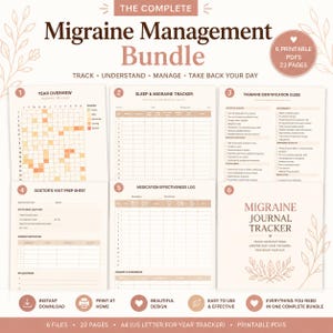 May include: A bundle of printable PDF migraine management trackers. The bundle includes a year overview, sleep and migraine tracker, a triggaine identification guide, a doctor's visit prep sheet, a medication effectiveness log, and a migraine journal tracker.