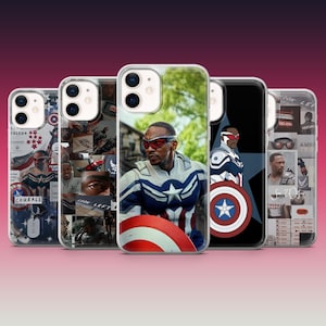 May include: A collection of five iPhone cases featuring images of a superhero. The cases display various designs, including a collage, a portrait with a shield, and text that says "Courage". The cases have a clear, protective design.