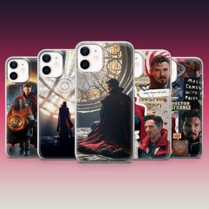 May include: A collection of clear phone cases featuring images of Doctor Strange. The cases display various scenes and portraits of the character, with a red and black color scheme. Some cases include text such as "Magic Comes With a Price."