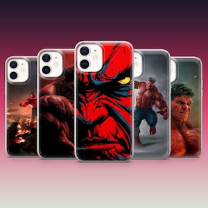 May include: A collection of five phone cases featuring illustrations of the Hulk. The cases display various images of the character in shades of red, green, and blue. The cases are clear with a black camera lens.