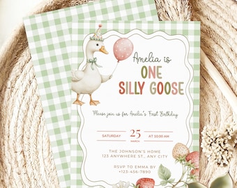 Bewerkbare Silly Goose eerste verjaardagsuitnodiging sjabloon groen pastel 1e verjaardag uitnodigen Goose Berry afdrukbare kinderrijmpje feest uitnodigen