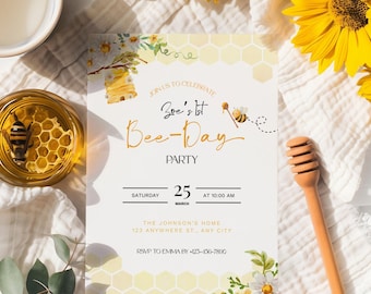 Invitación editable para el primer cumpleaños de la abeja / Invitación para el primer cumpleaños de la abeja de miel, plantilla imprimible para fiesta del Día de la Abeja de género neutro, cumpleaños de bebé Little Honey