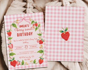 Invitación de primer cumpleaños de bayas, plantilla editable, invitación de primer cumpleaños de niña, lazo rosa, invitación de cumpleaños de fresa, fiesta dulce de bayas, imprimible