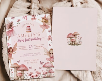 Invito modificabile per il primo compleanno di una fata, modello per invito di compleanno per bambine con giardino delle fate, modello modificabile per invito per il primo compleanno di una fata bohémien