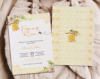 May include: Two baby shower invitations with a bee theme. The main invitation reads "Mommy to Bee" with a watercolor beehive and bee illustration. The second invitation has a honeycomb pattern and a beehive illustration.