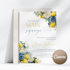 Editable Blue Lemon Bridal Shower Invitation Mediterranean Bridal Shower Invite Main Squeeze Invite Template Citrus Bridal Shower Invitation