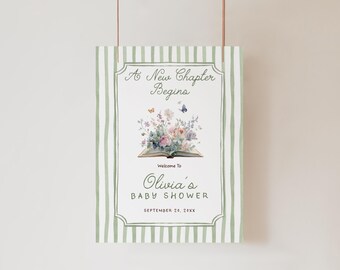 Editable Vintage Storybook Baby Girl Shower Welcome Sign Template Garden Party Decor Printable A New Chapter Begins Entrance Door Sign Green