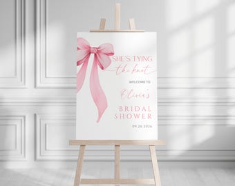 Pink Bow Bridal Shower Welcome Sign Template Pink Coquette Bridal Shower Sign Pink Bow Wedding Welcome Sign She's Tying the Knot Printable