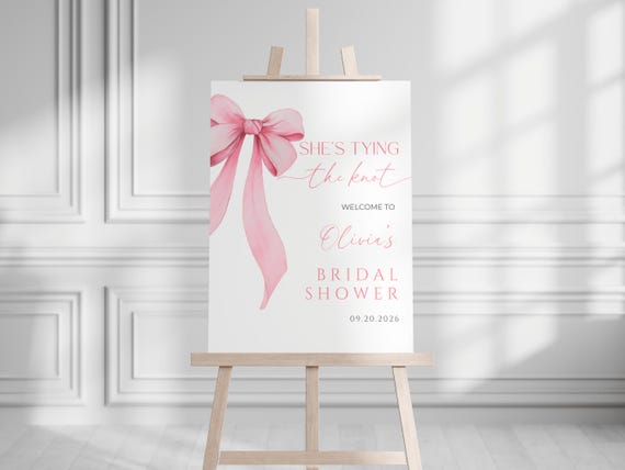 Pink Bow Bridal Shower Welcome Sign Template Pink Coquette Bridal Shower Sign Pink Bow Wedding Welcome Sign She's Tying the Knot Printable