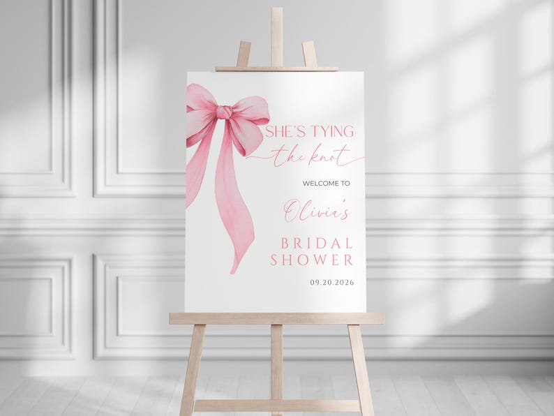 Pink Bow Bridal Shower Welcome Sign Template Pink Coquette Bridal Shower Sign Pink Bow Wedding Welcome Sign She's Tying the Knot Printable