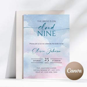 On Cloud 9 Bridal Shower Invitation Editable Cloud Wedding Shower Invite Pink and Blue Bridal Shower Invite Cloud Nine Bachelorette Invite