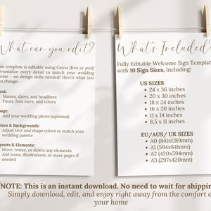 May include: Two white paper sheets with text about a wedding sign template, held by wooden clips. The text includes editable features, sign sizes in inches, and a note about instant download.