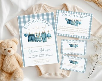 Invitación editable para baby shower con ropa vaquera, para niño, con temática vaquera azul y cuadros vichy.