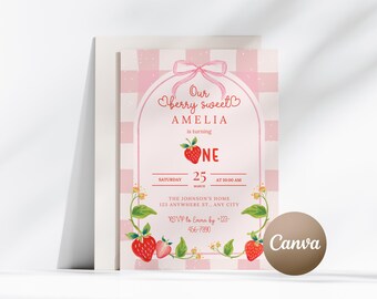 Rosa Gingham Erdbeereinladung Vorlage Beere Erster Geburtstag einladen Bearbeitbar Rosa Schleife Kokette Geburtstags-Einladungskarte Mädchen 1