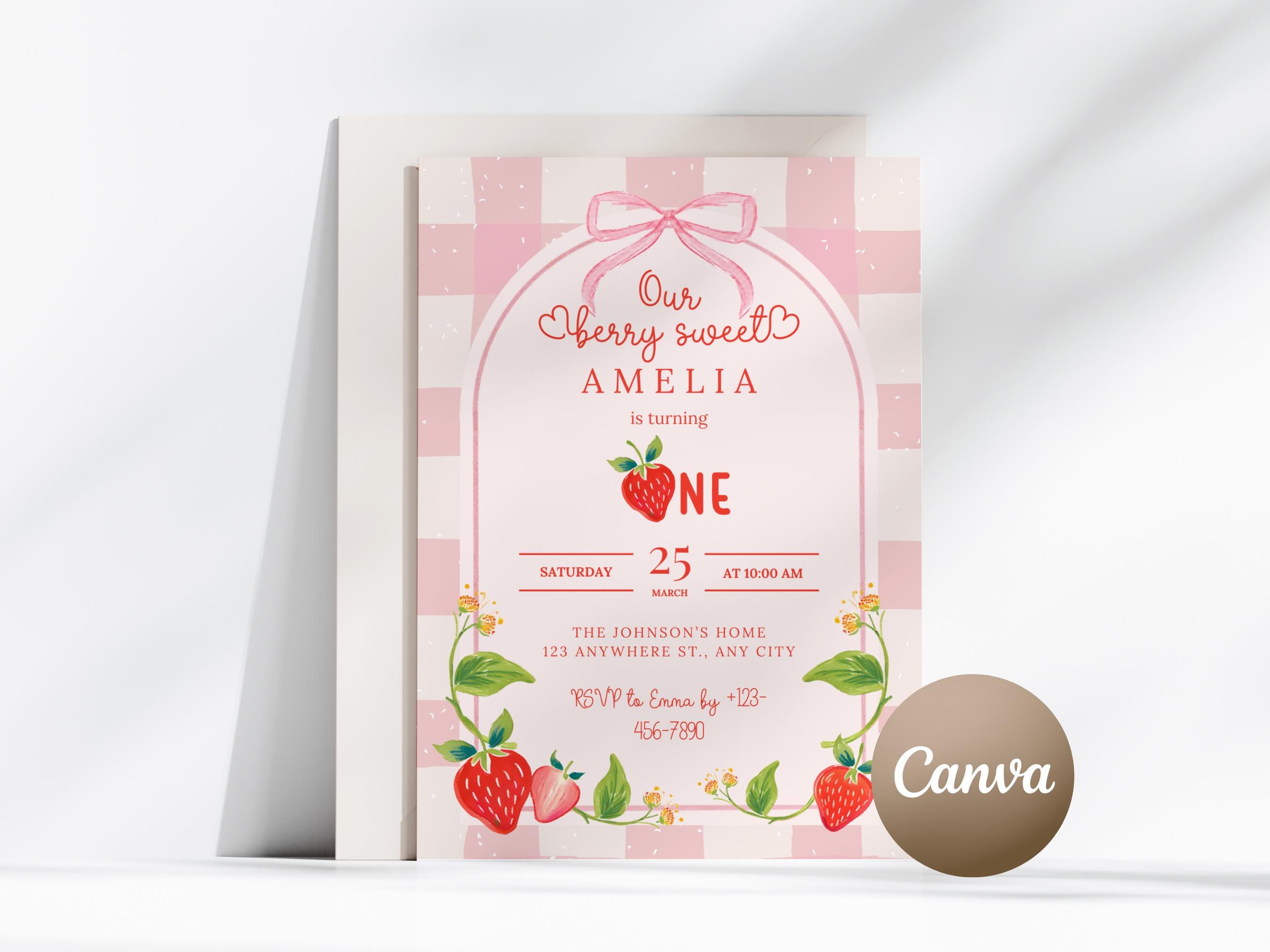 Pink Gingham Strawberry Invitation Template Berry First Birthday Invite ...