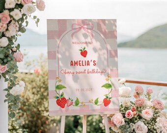 Berry Sweet Birthday Welcome Sign Template Berry 1st Birthday Girl Welcome Poster Editable Strawberry Bow First Birthday Party Decor Sign