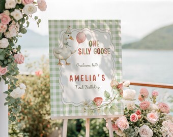 One Silly Goose First Birthday Welcome Sign Template Green Gingham 1st Birthday Welcome Poster Goose Berry Nursery Rhyme Party Sign Decor