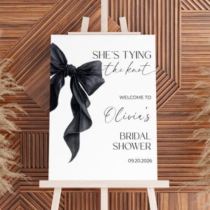 Editable Black Coquette Bow Bridal Shower Welcome Sign Template She's Tying the Knot Bridal Shower Sign Black Bow Welcome Sign Minimalist image 4