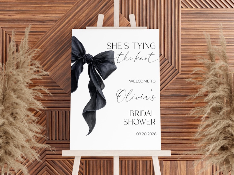 Editable Black Coquette Bow Bridal Shower Welcome Sign Template She's Tying the Knot Bridal Shower Sign Black Bow Welcome Sign Minimalist image 4
