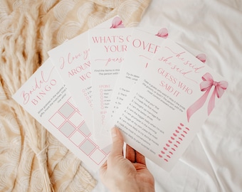 Pink Coquette Bridal Shower Game Bundle Pink Bow Bridal Shower Game Printable She's Tying the Knot Bridal Shower Game Editable Pink Bow Game