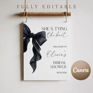 Editable Black Coquette Bow Bridal Shower Welcome Sign Template She's Tying the Knot Bridal Shower Sign Black Bow Welcome Sign Minimalist image 2