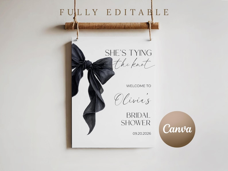 Editable Black Coquette Bow Bridal Shower Welcome Sign Template She's Tying the Knot Bridal Shower Sign Black Bow Welcome Sign Minimalist image 2
