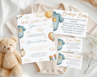 Boy Baby Shower Invitation Set Editable Sunshine Baby Shower Invite Here Comes the Son Baby Shower Invitation Sunshine It's A Boy Invitation