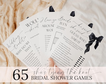 Tying The Knot Minimalist Bridal Shower Games Bundle Editable Black Bow Coquette Wedding Shower Games Printable Bachelorette Games Bundle