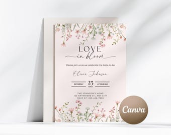 Liefde in bloei wilde bloemen vrijgezellenfeest uitnodiging roze lentebloemen bewerkbare bruiloft uitnodiging bloemen lente tuinfeest uitnodiging canva