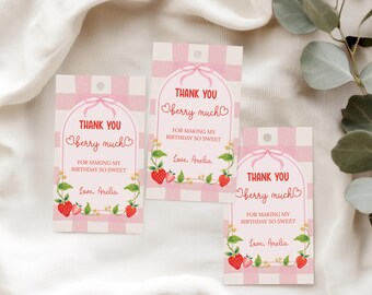 May include: Three pink and white gingham gift tags with the text "Thank You Berry Much" and strawberry illustrations. The tags also include the text "For making my birthday so sweet" and "Love, Amelia".