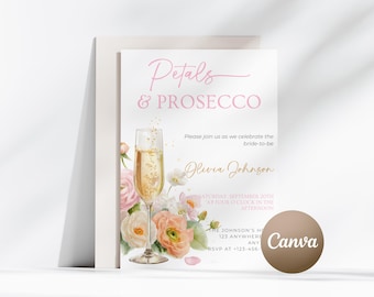 Editable Petals and Prosecco Bridal Shower Invitation Pink Floral Bridal Invite Printable Champagne Bridal Shower Invitation Pink and Gold