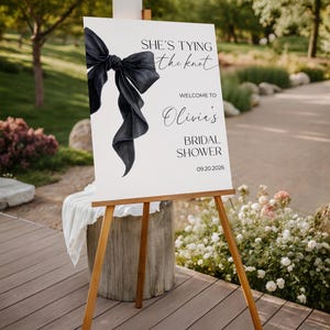Editable Black Coquette Bow Bridal Shower Welcome Sign Template She's Tying the Knot Bridal Shower Sign Black Bow Welcome Sign Minimalist image 7