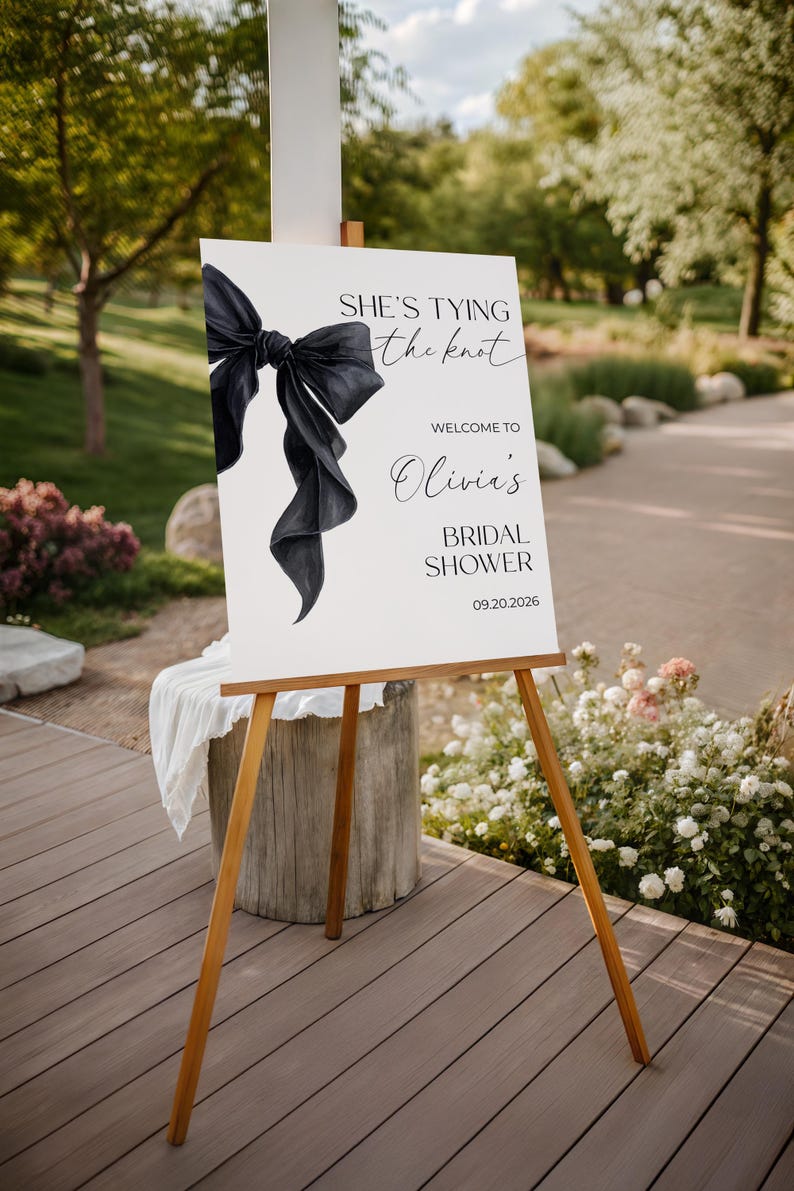 Editable Black Coquette Bow Bridal Shower Welcome Sign Template She's Tying the Knot Bridal Shower Sign Black Bow Welcome Sign Minimalist image 7