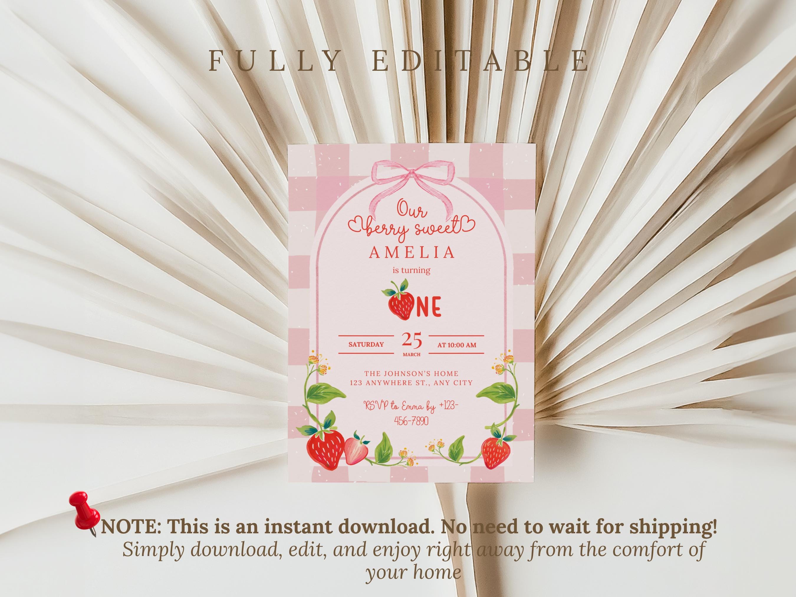 Pink Gingham Strawberry Invitation Template Berry First Birthday Invite ...
