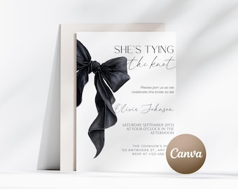 Editable Black Coquette Bridal Shower Invitation Template Tying the Knot Bridal Shower Invite Black Bow Bridal Shower Invitation Minimalist