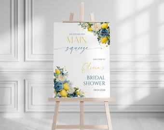 Letrero editable de limón azul para despedida de soltera. Letrero de bienvenida para despedida de soltera con temática cítrica. Póster de bienvenida para despedida de soltera con limón mediterráneo.