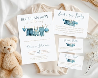 Editable Blue Jean Baby Shower Invitation Boy Western Theme Party Denim Baby Shower Invite Sprinkle Baby Clothes Baby Shower Invite Set Blue