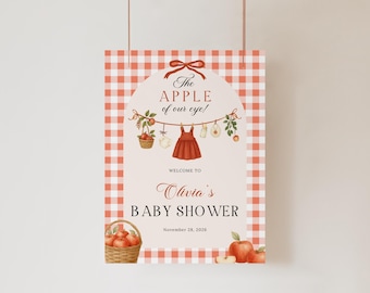 Plantilla de letrero de bienvenida para baby shower "La Niña de Nuestros Ojos", póster de bienvenida para baby shower con tendedero para niña, decoración de baby shower con lazo rojo y cuadros vichy.