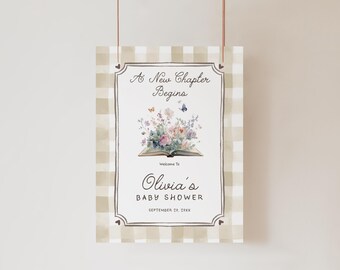 Elegant Vintage Storybook Baby Shower Welcome Poster Editable New Chapter Baby Shower Decor Gender Neutral Boho Floral Book Entrance Sign